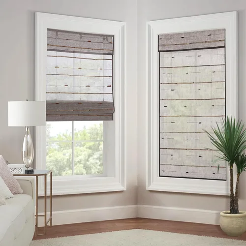 Vista 2 de Persianas romanas de bambú con cenefa, varillas de lino, inalámbricas, opacas, personalizadas, opacas, para oscurecer la habitación, persianas