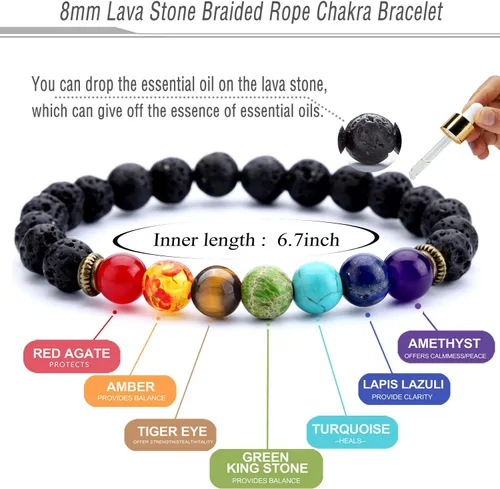 Vista 2 de Men Women 8mm Lava Rock 7 Chakra Beads Chakra Bracelet Braided Rope Natural Stone Yoga Bracelet Bangle