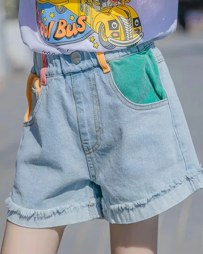Vista 5 de Rolanko Pantalones cortos de mezclilla para niñas, cintura elástica, pantalones cortos de mezclilla de verano para niños de 4 a 14 años