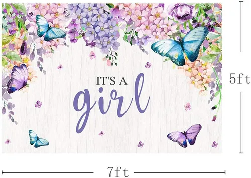 Vista 4 de MEHOFOTO - Cartel de fondo de cabina de estudio fotográfico con texto en inglés "It's A Girl" con diseño de mariposa para baby shower, baby shower