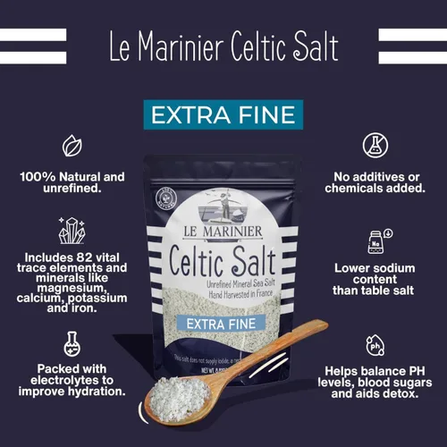 Vista 2 de Le Marinier Sal marina francesa extra fina, 8.81 onzas – 0.6 libras. Sal celta orgánica, 100% natural, rica en minerales, sin refinar, cosechada a