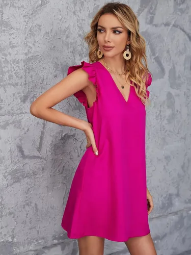 Vista 4 de Floerns Vestido tipo túnica de verano con cuello en V liso y mangas casquillo para mujer