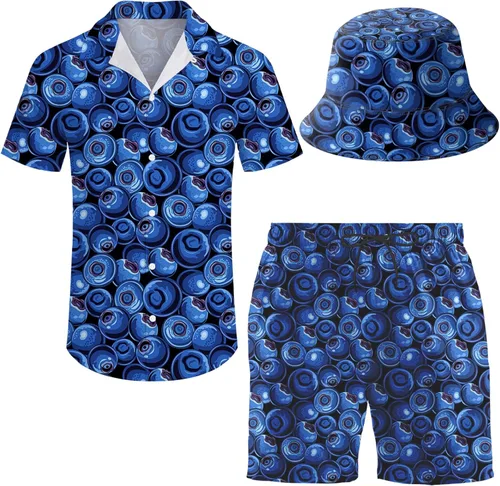 Vista 16 de Conjunto deportivo de 2 piezas para hombre, camisa hawaiana, pantalones cortos, camisa con botones y pantalones cortos con sombreros de pescador