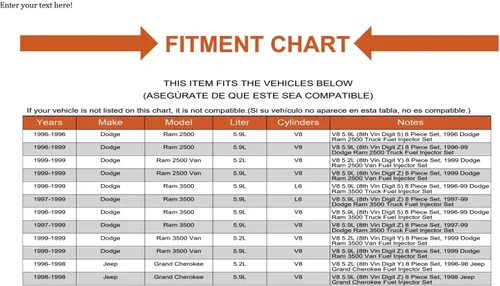 Vista 6 de Inyector de combustible Juego de 8 para Dodge Ram Dakota Durango Grand Cherokee 5.2L 5.9L (EB3-4919833)