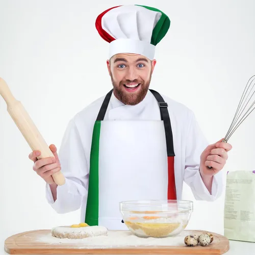 Vista 5 de Toulite 4 piezas de decoración de fiesta temática italiana, juego de disfraz de chef de estilo italiano, sombrero de chef y delantal para mujeres