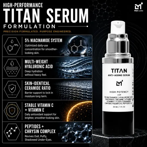 Vista 5 de Man Labs Titan - Suero facial antienvejecimiento para hombres – Loción facial de alta potencia para hombres y crema tensora de la piel para la cara