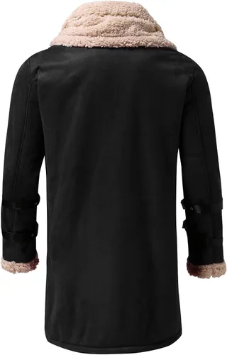 Vista 4 de WOSJKDJ Chaqueta de cuero de ante para hombre, abrigo térmico de piel sintética con forro de sherpa para invierno, abrigo con bolsillos, Negro
