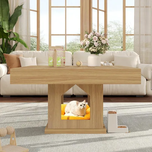 Vista 6 de [Usado] knoworld Mesa de centro cuadrada, mesa de centro de madera con almacenamiento y casa para gatos, mesa de cóctel para sala de estar, mesa
