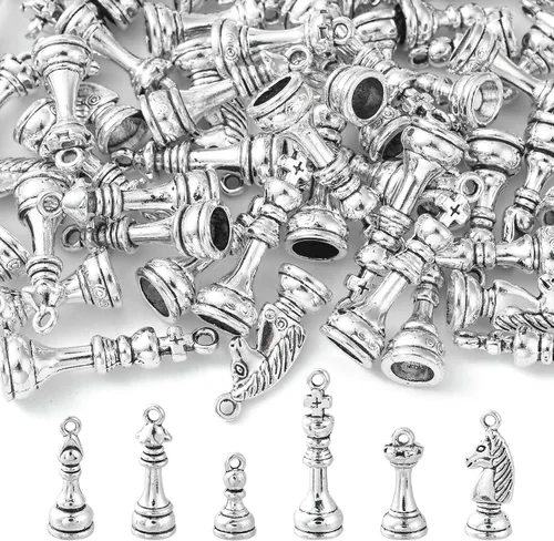 Vista 5 de LiQunSweet 60 piezas de 6 estilos 3D Bishop Queen Peón Internacional de piezas de ajedrez para hacer joyas, collares, pulseras, aretes, a granel