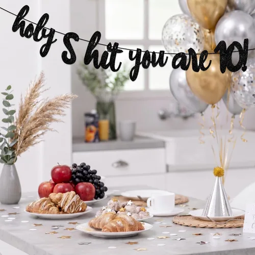Vista 5 de Holy S*ht You are 10! Banner Backdrop Glitter Black Hello 10 Cheers to 10 Years Old Theme Decor Decorations for Boy Girl Happy 10th Birthday Party