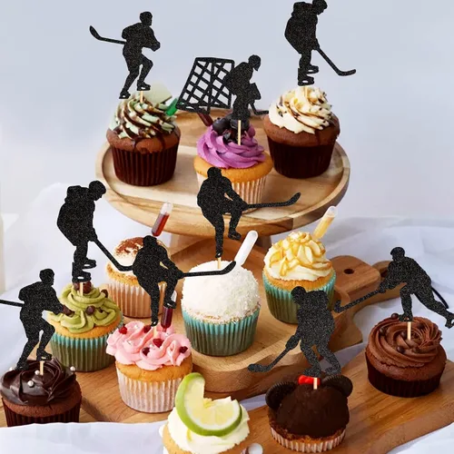 Vista 4 de Ercadio Paquete de 24 adornos de hockey para cupcakes temáticos deportivos, decoraciones para jugadores de hockey, baby shower, suministros