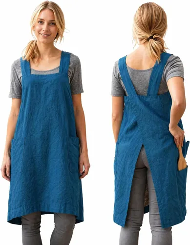 Vista 14 de Delantal Pinafore con espalda cruzada con bolsillos, delantal de lino y algodón, talla grande Negro