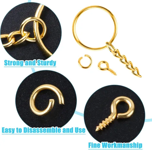 Vista 4 de PAXCOO - Kit de anillos para manualidades dorados, incluye 100 llaveros divididos con cadena, 100 anillos de salto y 100 pines de ojo de tornillo