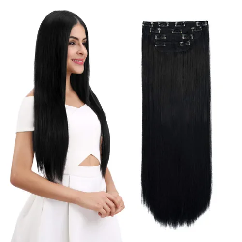 Vista 19 de REECHO - Juego de 4 extensiones de cabello sintético con clip de 12 pulgadas, 14 pulgadas y 16 pulgadas, lacio, largo y grueso, marrón oscuro