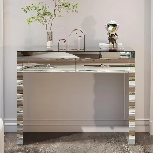 Vista 13 de Mesa de consola con espejo de 48 pulgadas, mesa de entrada moderna de plata glamorosa con borde tallado negro vintage con espejo de vidrio para sala