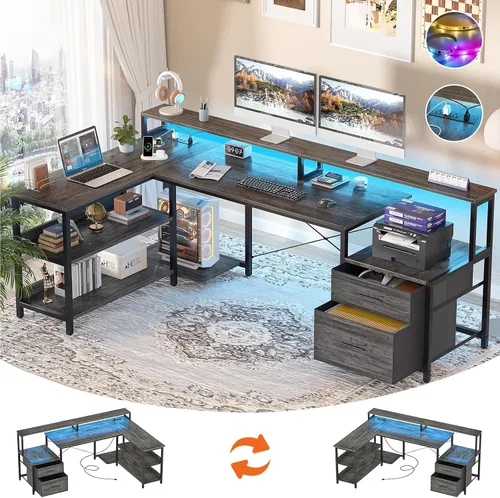 Vista 11 de Aheaplus Escritorio en forma de L con cajón de archivos, escritorio reversible en forma de L para computadora de 72.8" con toma de corriente