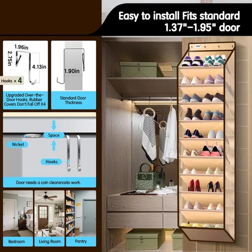 Vista 4 de Kotkn Organizador de 10 niveles sobre la puerta - Estante de almacenamiento colgante resistente con tela Oxford, sostiene más de 20 pares