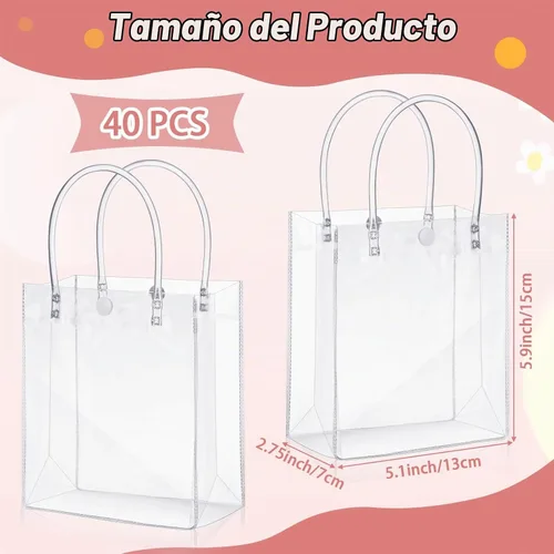 Vista 2 de LEIFIDE 40 bolsas de regalo transparentes con asas, de 5.9 x 5.1 x 2.76 pulgadas, de plástico de PVC, reutilizables, bolsas a granel para compras