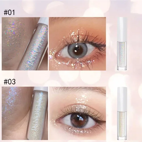 Vista 5 de Juego de maquillaje de lentejuelas líquidas en gel holográfico y delineador de ojos plateado, 2 piezas, resaltador líquido brillante, resistente al