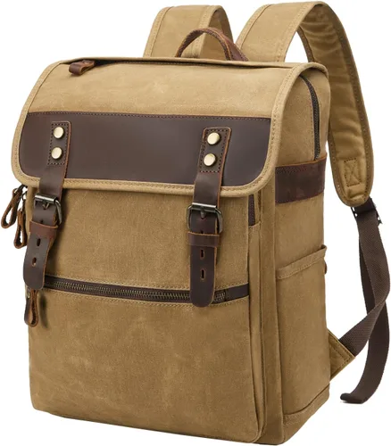 Vista 9 de Mochila vintage de lona encerada para hombres y mujeres, verde militar Mochila de viaje para computadora portátil, de piel auténtica