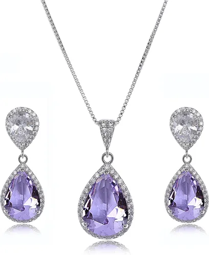 Vista 39 de Conjunto de joyería para boda, aretes de lagrima y collar con dije de circonio cúbico