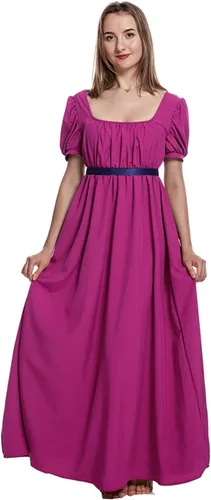 Vista 6 de Vestidos de la época de la Regencia para mujer, con satén, manga abombada fruncida, vestido de cintura imperio, vestido de satén