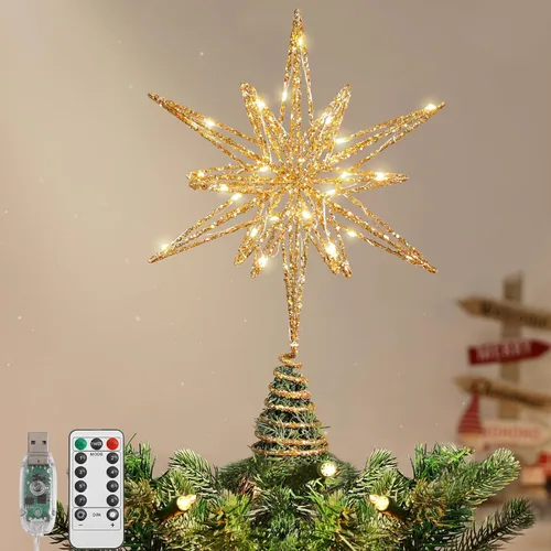 Vista 14 de Lewondr - Estrella para punta de árbol de Navidad, alimentación USB, control remoto, diseño hexagonal multicapa de 11 pulgadas, 8 modos de luz