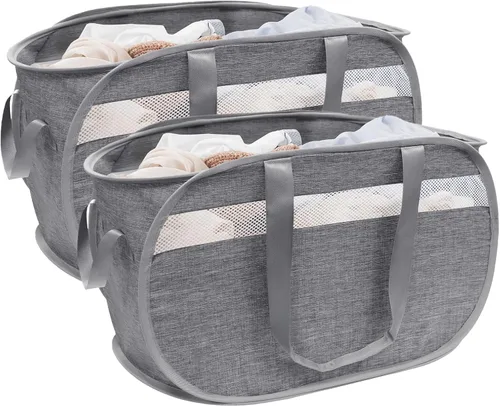 Vista 10 de Cesta plegable para la ropa sucia duradera con 2 compartimentos para clasificar y almacenar, cesta portátil para ropa sucia para dormitorio, cuarto
