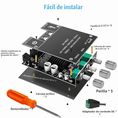 Vista 5 de ZK-1002T Placa de amplificador Bluetooth de 100 W+100 W con control de agudos y graves, placa de amplificador de audio estéreo mini de 2.0 canales