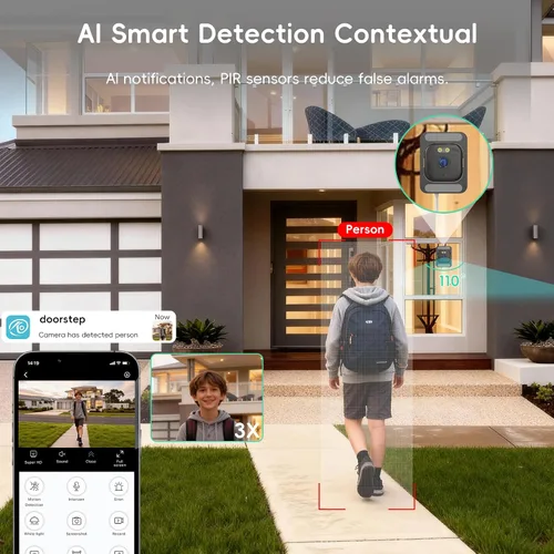Vista 5 de ANYQOO Cámara de ventana de 3 MP 2K, seguridad para interiores y exteriores, cámara WiFi de 2.4 GHz y 5 GHz para seguridad del hogar, visión