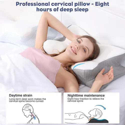 Vista 5 de Almohada cervical para el cuello, almohada de espuma viscoelástica para apoyo y alivio del dolor, almohada ergonómica de contorno para dormir
