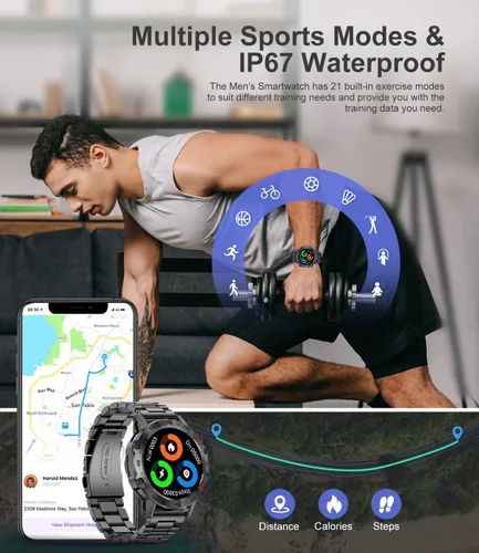 Vista 3 de SUNKTA Reloj inteligente militar para hombres (responder/realizar llamadas), 100 modos deportivos, reloj de fitness impermeable 5 ATM con monitor