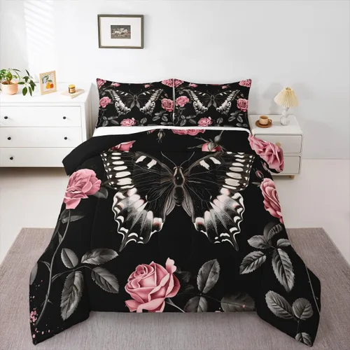 Vista 17 de Erosebridal Juego de ropa de cama de calavera gótica, flores mandala, mariposa hippie para niñas y niños, edredón de esqueleto de la muerte de Negro