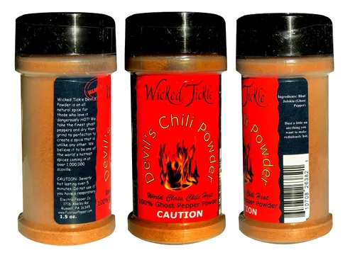 Vista 4 de Wicked Tickle Juego de regalo de chile en polvo, paquete de 4 – fantasma, fantasma ahumado, escorpión, sal de ajo habanero, botellas de 2 onzas