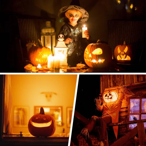 Vista 5 de Bombillas LED A19, base E26, 9 W (equivalente a 60 W), luz de porche para decoración de Halloween, paquete de 4