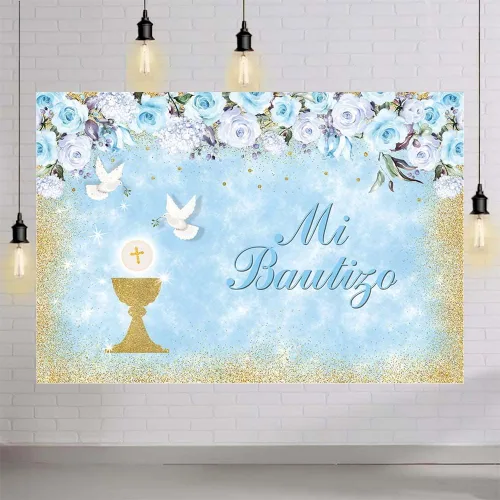 Vista 4 de AIBIIN Mi Bautizo - Telón de fondo para niño, cartel de bautizo de palomas de cáliz dorado, fondo para fotografía de bautizo, floral azul, primera