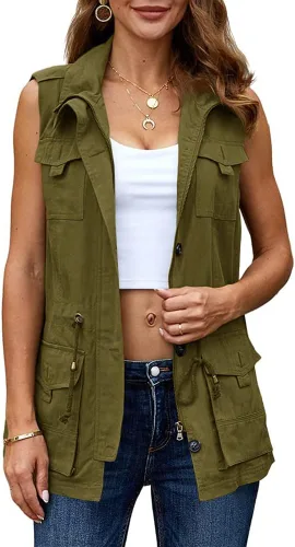 Vista 2 de Koodred Chaleco de utilidad militar para mujer, ligero, sin mangas, con cordón, con bolsillos