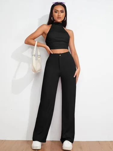 Vista 5 de SheIn Pantalones de cintura alta para mujer, pierna recta, con cremallera sólida