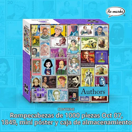 Vista 2 de Re-marks Famous Authors - Rompecabezas de collage de sellos postales, rompecabezas de 1000 piezas para todas las edades