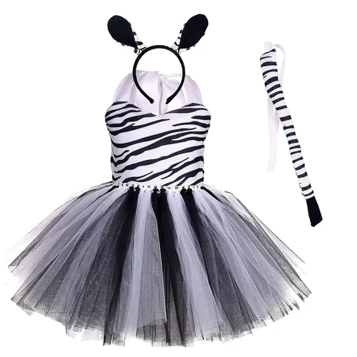 Vista 2 de IWEMEK Vestido de cosplay con temática de selva para niñas, estampado de leopardo, tutú para Halloween, Navidad, cumpleaños, fiesta, conjunto de 3