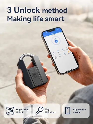 Vista 4 de NexusLab - Candado de huellas dactilares, resistente al agua IP67 para exteriores, desbloqueo de 3 vías (huella dactilar/aplicación/2 teclas)