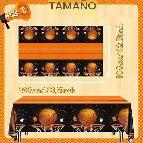 Vista 6 de CMUSKO Mantel de baloncesto, 3 piezas de decoración de cumpleaños de baloncesto, manteles rectangulares de plástico, manteles desechables