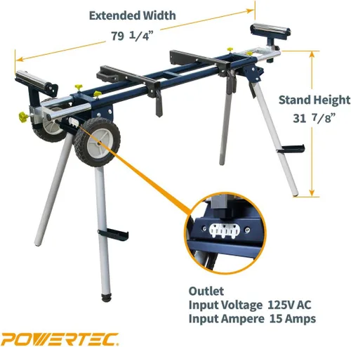 Vista 6 de POWERTEC MT4009 - Soporte para sierra de mesa plegable y POWERTEC MT4000 con ruedas de 8 pulgadas y tomas de corriente de 110 V, soportes