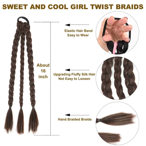 Vista 2 de Extensiones de cola de caballo trenzadas con banda para el cabello, extensiones de cabello lacio envolvente, trenzas de caja de cola de caballo