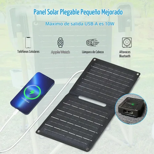 Vista 4 de Panel solar portátil con USB de 5 V para iPhone, banco de energía, ventilador, linterna, panel ETFE impermeable IPX4 de 10 W, cargador solar