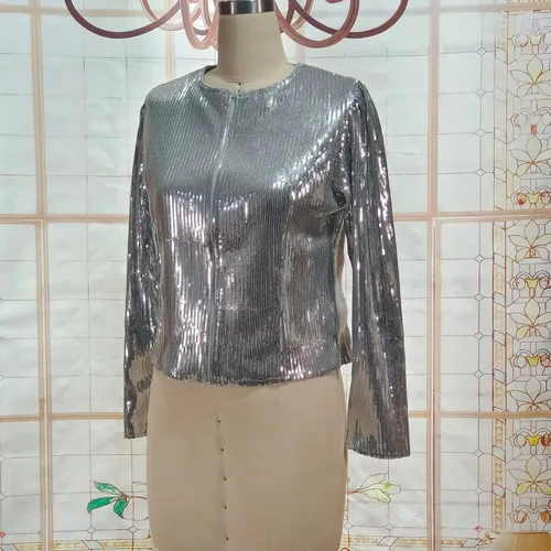 Vista 6 de Cololura Chaqueta casual de lentejuelas con frente abierto para mujer, cárdigan de manga larga con purpurina
