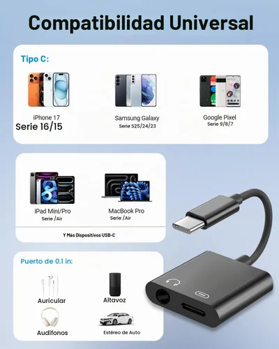 Vista 6 de Seulliya Adaptador USB C a 3.5mm para Auriculares y Cargador, Divisor 2-en-1 de Audio y Carga Rápida para Apple iPhone 17/16/15/Pro/Pro Max, iPad