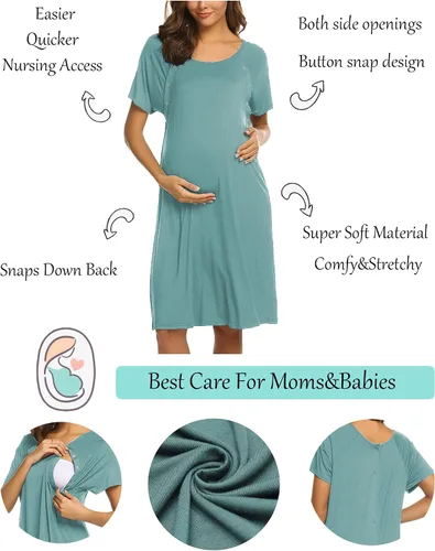 Vista 2 de Ekouaer - Camisón con botones y manga corta para mujer, vestido para lactancia, parto, hospital y maternidad, tallas S-XXL