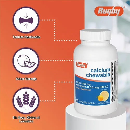 Vista 4 de Rugby - Tabletas masticables de calcio de 500 mg - Suplemento dietético