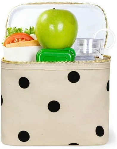 Vista 6 de Kate Spade New York Bolsa de almuerzo térmica suave aislada con doble cierre de cremallera y asa de transporte, Big Deco Dot